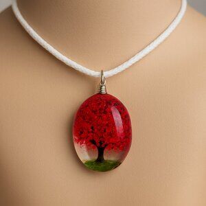 Oval-Shape Resin Red Floral Tree Pendant Necklace 18" White Cord Fashion Jewelry